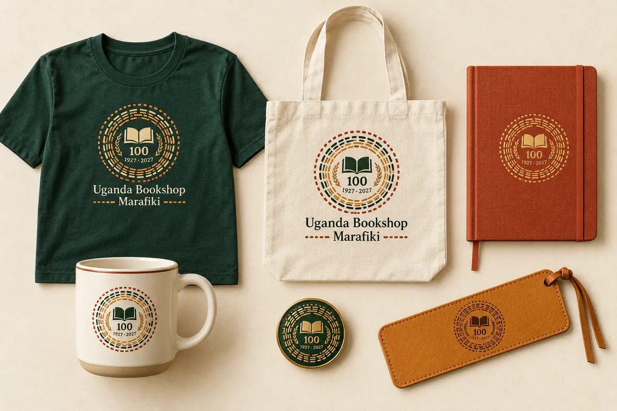 Concept of the centenary collection: a green T-shirt and canvas tote marked Uganda Bookshop and Marafiki, with a terracotta notebook, cream mug, gold pin and ochre bookmark carrying the 1927 to 2027 emblem.